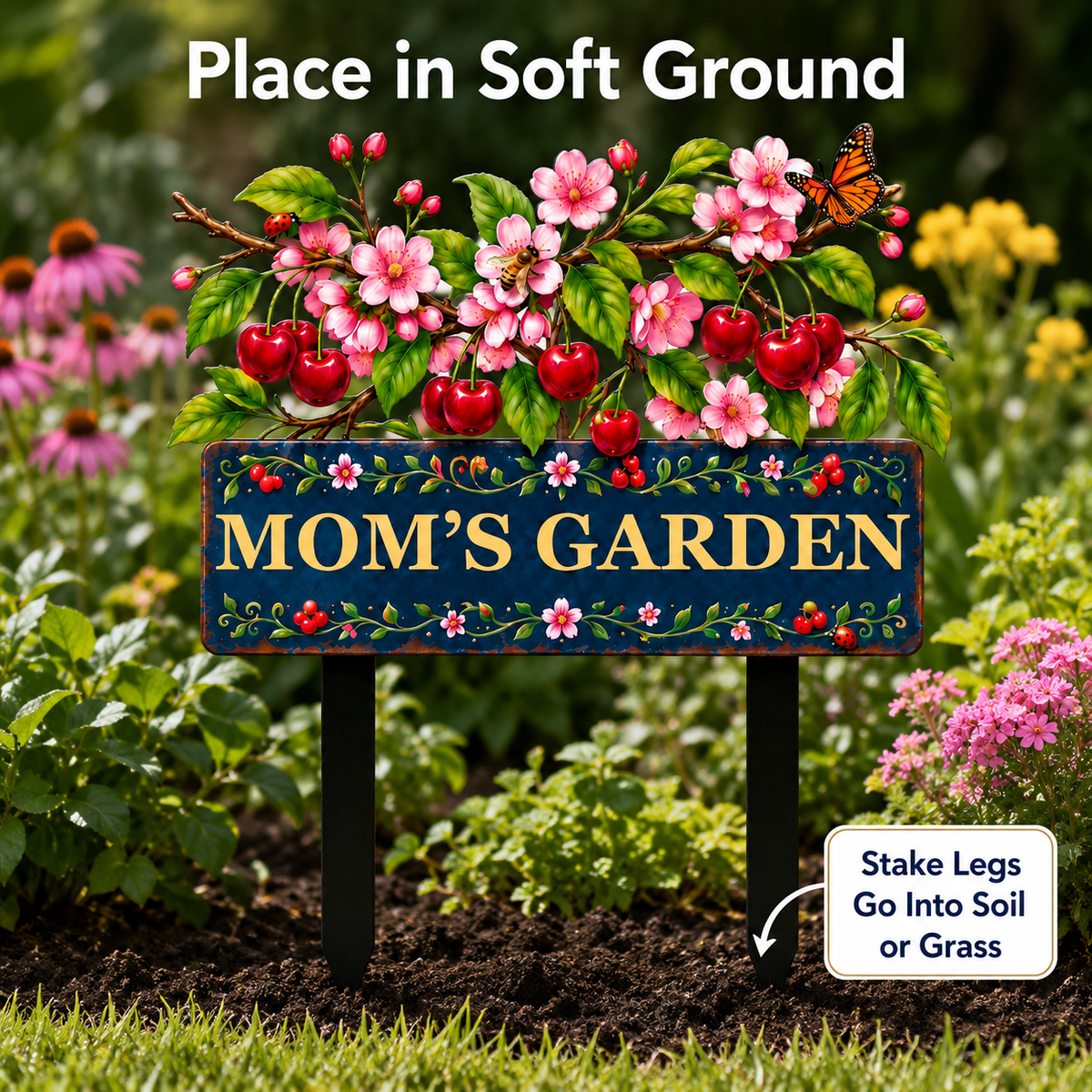 Personalized Cherry Garden Stake, Mom's Garden Metal Yard Sign, Cherry Blossom Yard Decor, Custom Outdoor Garden Gift — Main 07