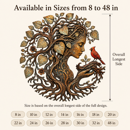 Mother Earth Metal Wall Art, Tree of Life Goddess Decor, Cardinal Bird Botanical Wall Decor, Nature Lover Gift, With or Without LED — Main 08
