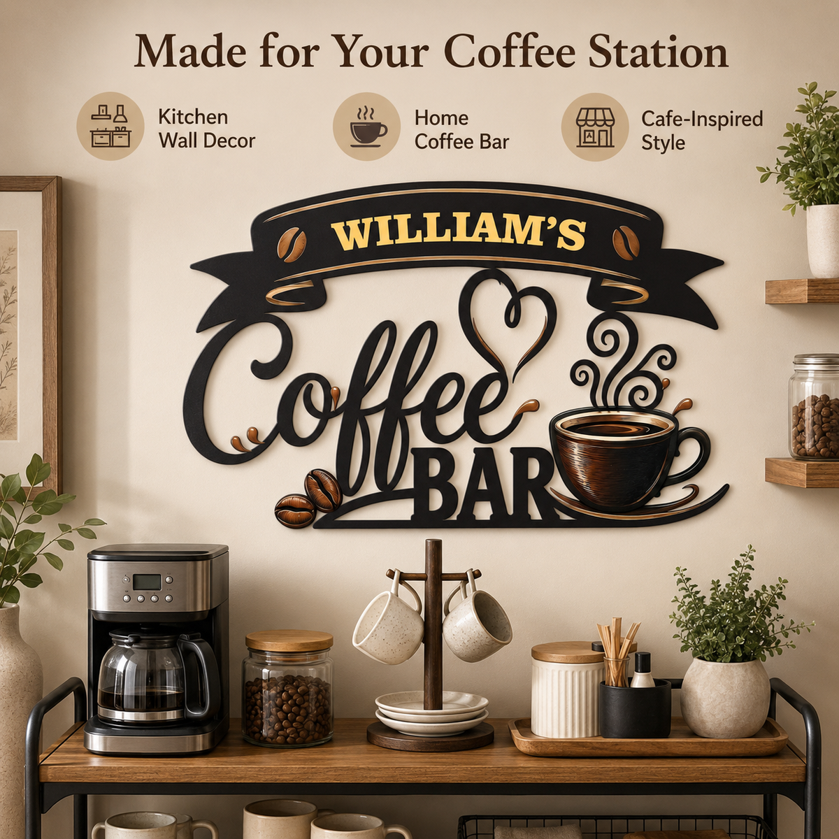 Coffee Metal Wall Art Decor Personalized Coffee Bar Sign Coffee Wall Art Kitchen Wall Decor Coffee Lover Gift Housewarming Gift With LED — Main 08