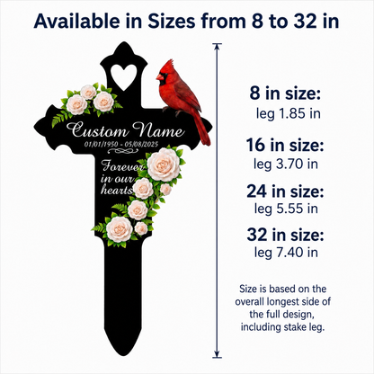 Memorial Gift Garden Stake, Personalized Cardinal Cross Metal Yard Sign, Sympathy Gift for Loss of Mom Dad Grandma, Custom Name Date — Main 08