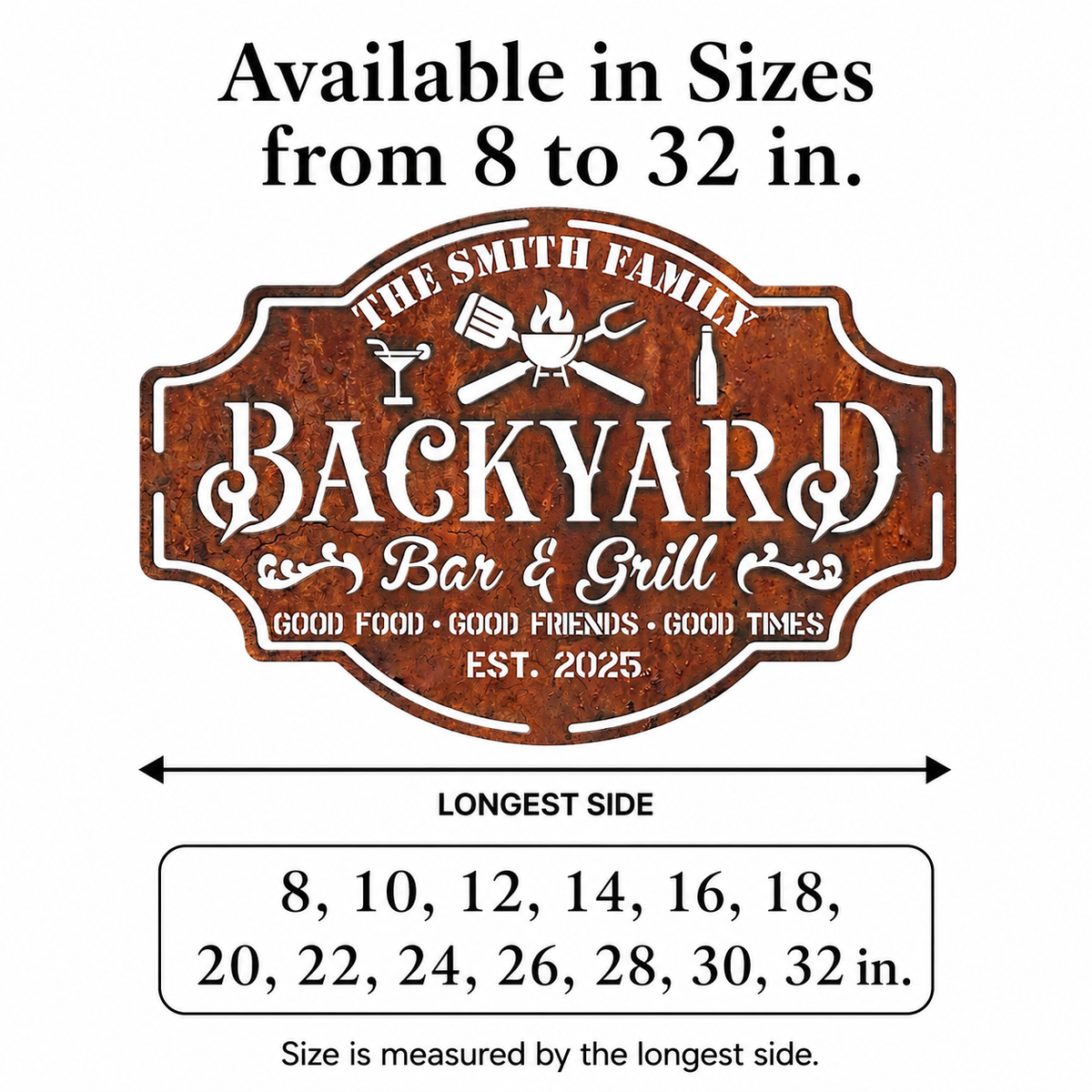 Personalized Backyard Bar & Grill Metal Sign, Custom Family Name Wall Decor, Rustic Patio BBQ Sign with Optional LED — Main 08