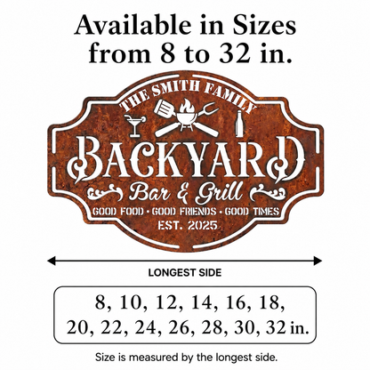 Personalized Backyard Bar & Grill Metal Sign, Custom Family Name Wall Decor, Rustic Patio BBQ Sign with Optional LED — Main 08