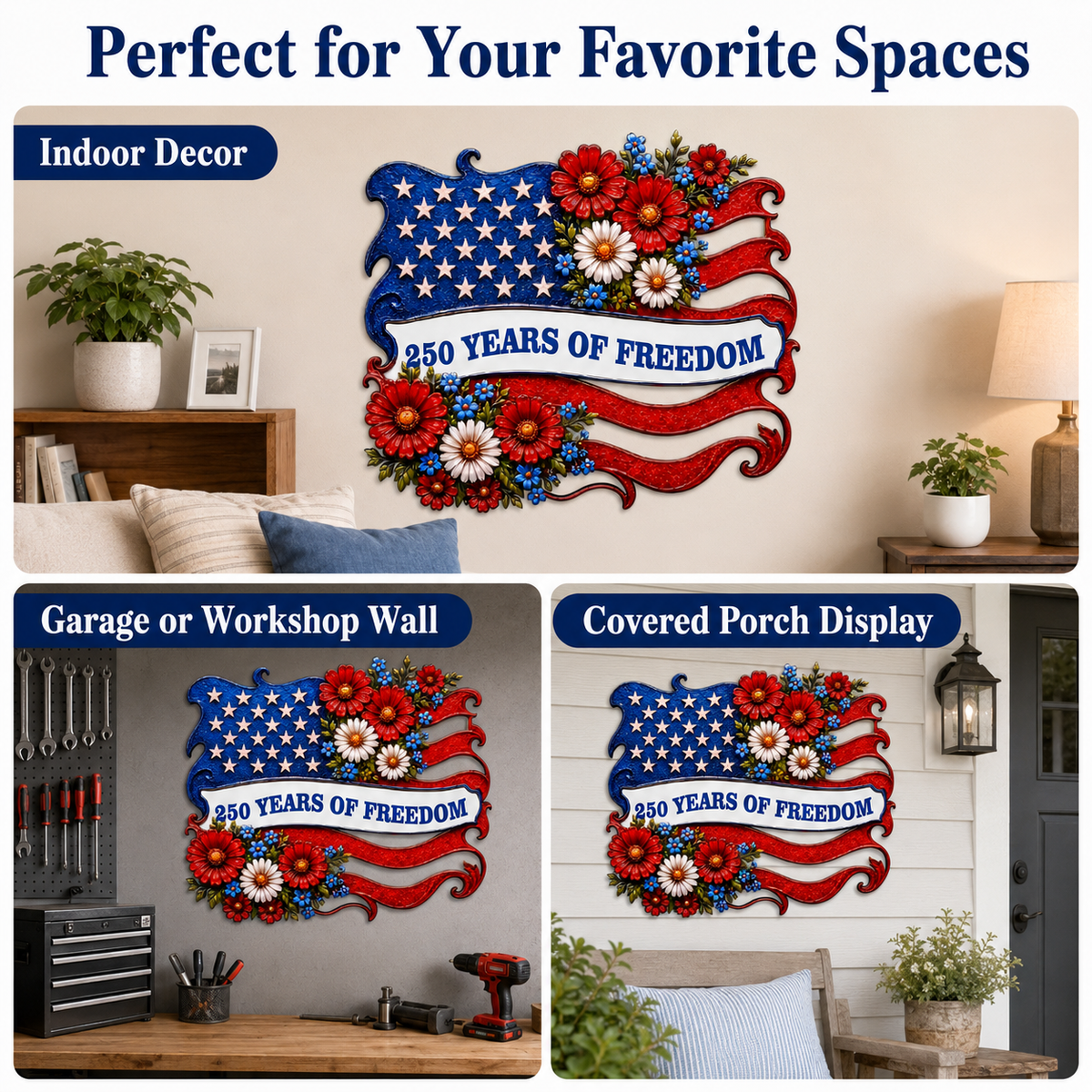 Metal American Flag Sign, Personalized Patriotic Wall Decor, Custom 250 Years of Freedom Gift, Optional LED — Main 09