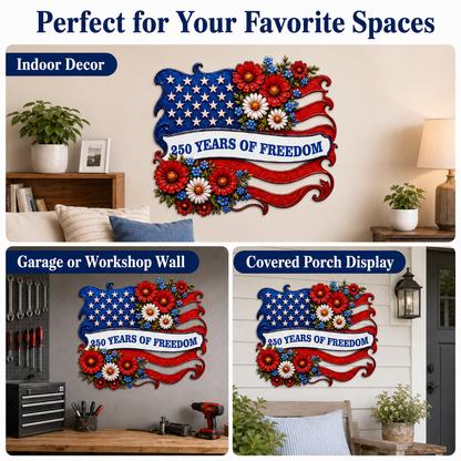Metal American Flag Sign, Personalized Patriotic Wall Decor, Custom 250 Years of Freedom Gift, Optional LED — Main 09