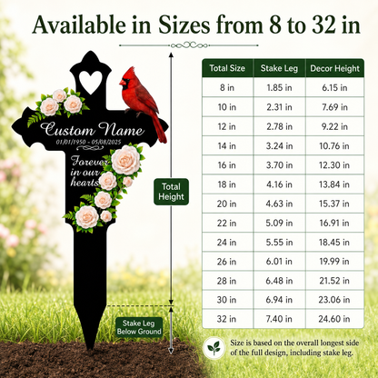 Memorial Gift Garden Stake, Personalized Cardinal Cross Metal Yard Sign, Sympathy Gift for Loss of Mom Dad Grandma, Custom Name Date — Main 09