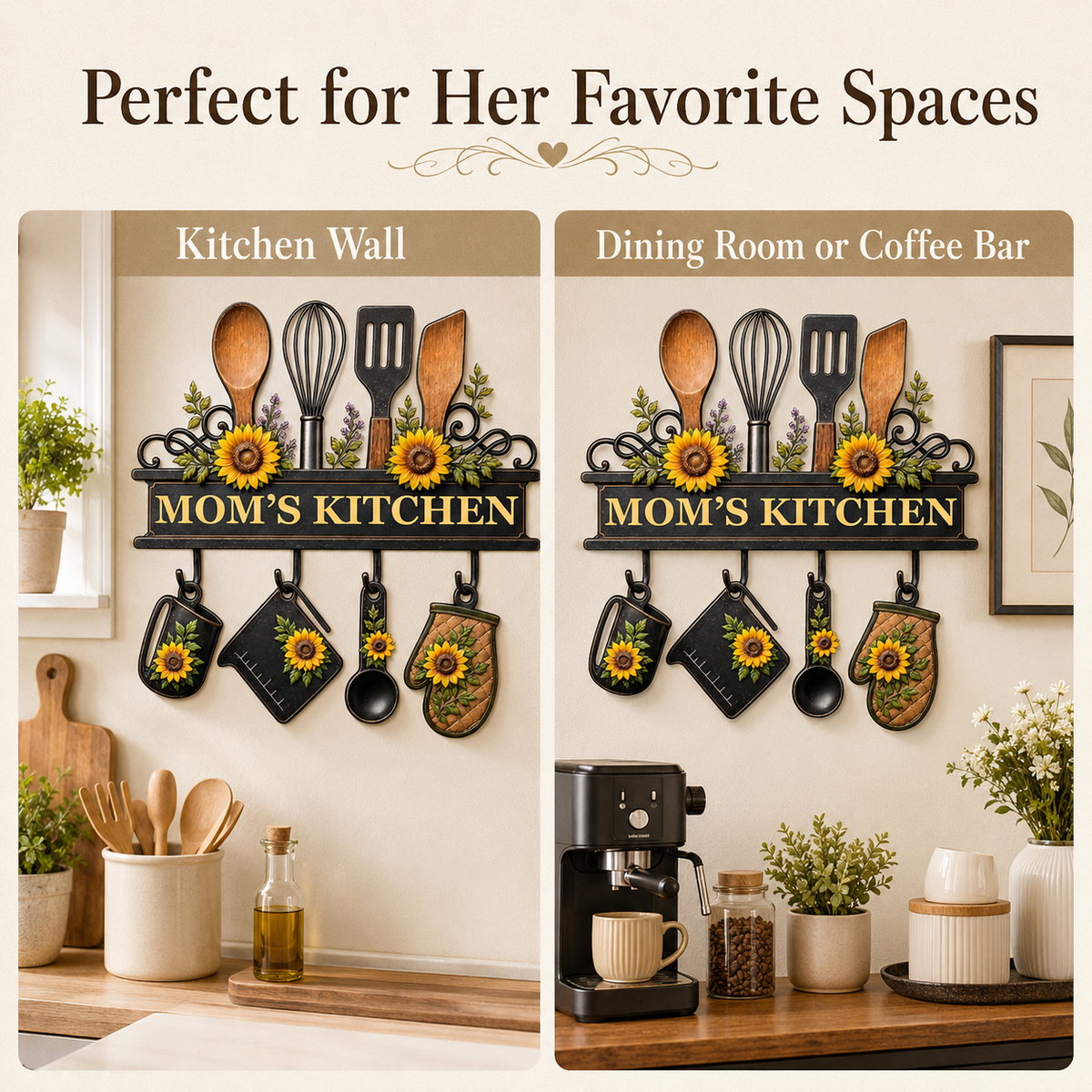 Personalized Mom’s Kitchen Metal Sign, Custom Kitchen Wall Decor, Sunflower Utensil Sign, Mother’s Day Gift with LED — Main 09