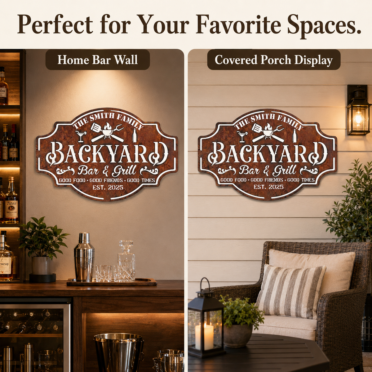 Personalized Backyard Bar & Grill Metal Sign, Custom Family Name Wall Decor, Rustic Patio BBQ Sign with Optional LED — Main 09