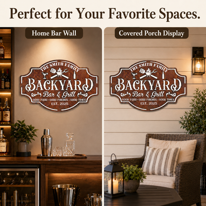 Personalized Backyard Bar & Grill Metal Sign, Custom Family Name Wall Decor, Rustic Patio BBQ Sign with Optional LED — Main 09