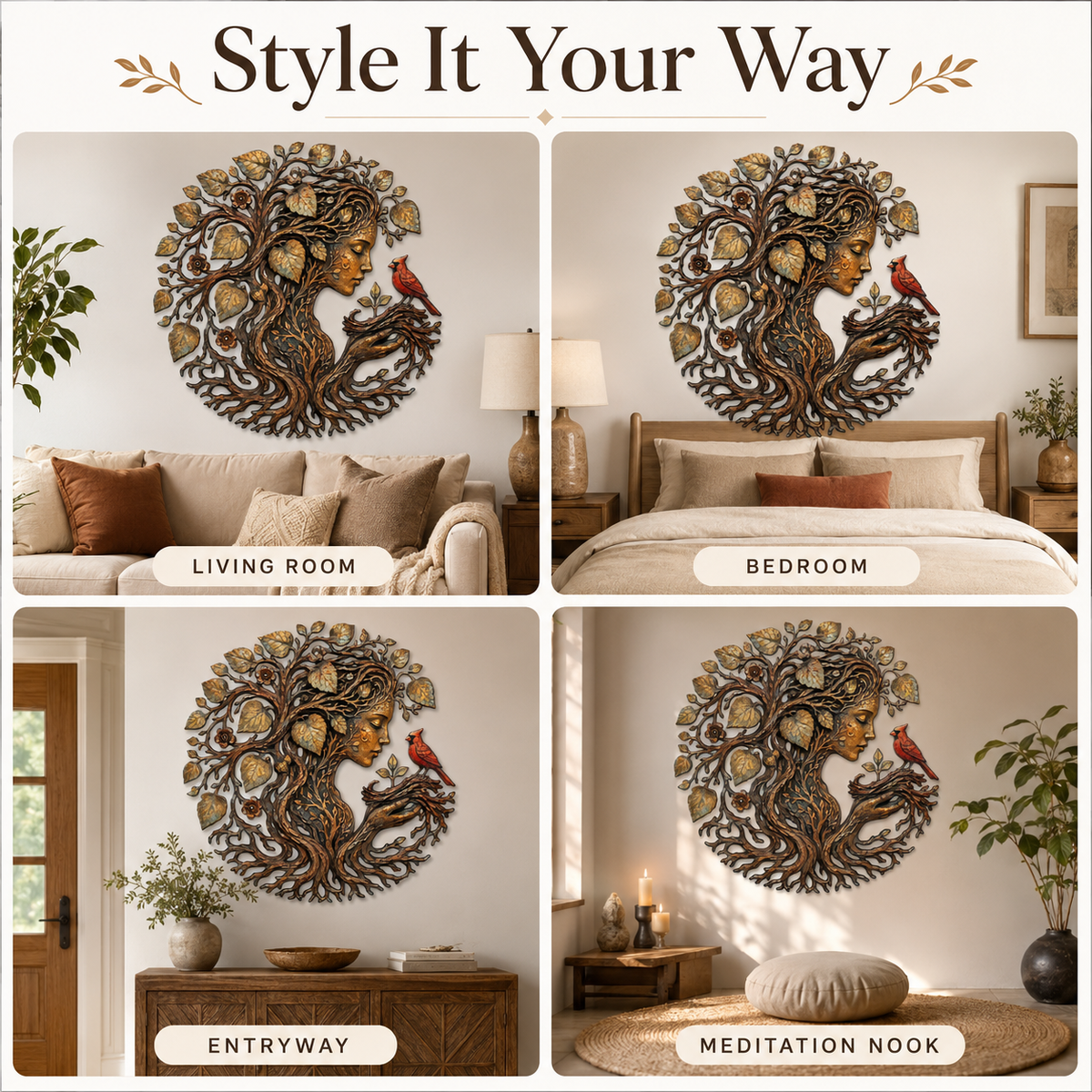Mother Earth Metal Wall Art, Tree of Life Goddess Decor, Cardinal Bird Botanical Wall Decor, Nature Lover Gift, With or Without LED — Main 09
