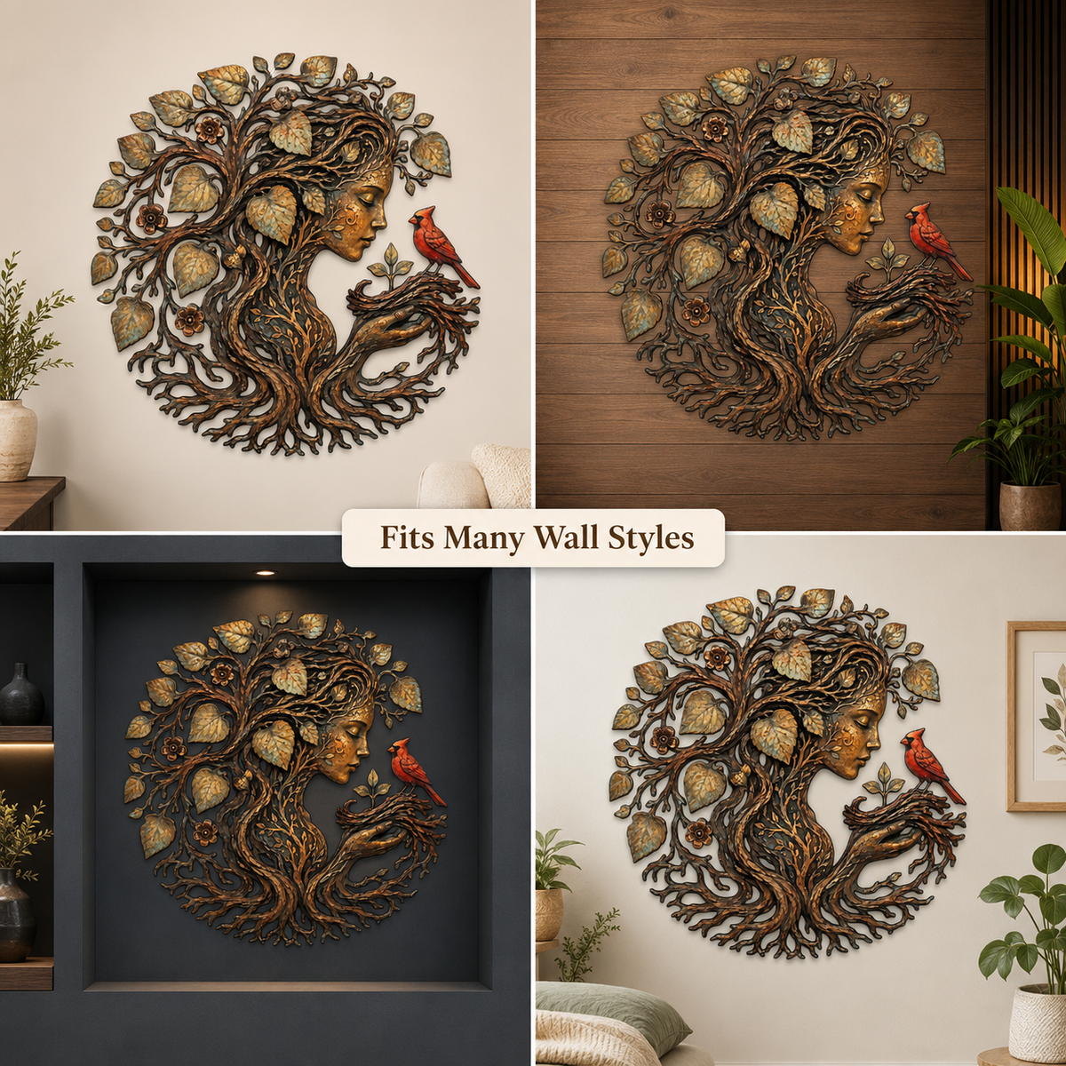 Mother Earth Metal Wall Art, Tree of Life Goddess Decor, Cardinal Bird Botanical Wall Decor, Nature Lover Gift, With or Without LED — Main 10