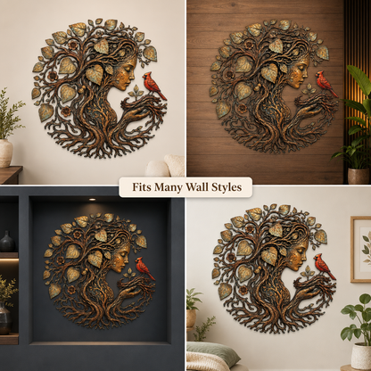 Mother Earth Metal Wall Art, Tree of Life Goddess Decor, Cardinal Bird Botanical Wall Decor, Nature Lover Gift, With or Without LED — Main 10