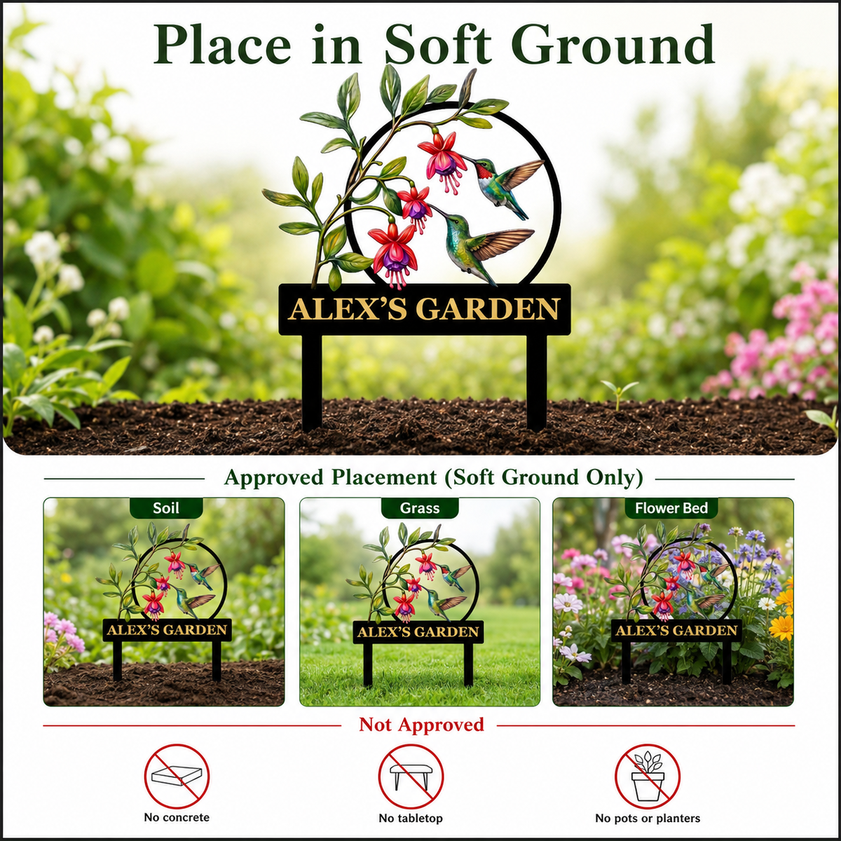 Personalized Hummingbird Garden Stake Fuchsia Flower Garden Decor Custom Garden Name Sign Bird Lover Gift — Main 10