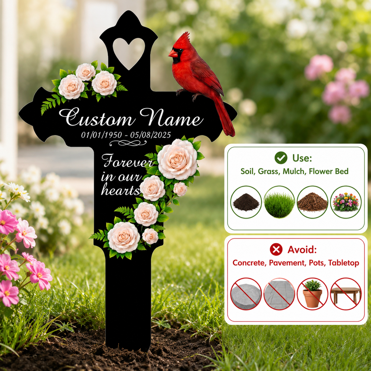 Memorial Gift Garden Stake, Personalized Cardinal Cross Metal Yard Sign, Sympathy Gift for Loss of Mom Dad Grandma, Custom Name Date — Main 10