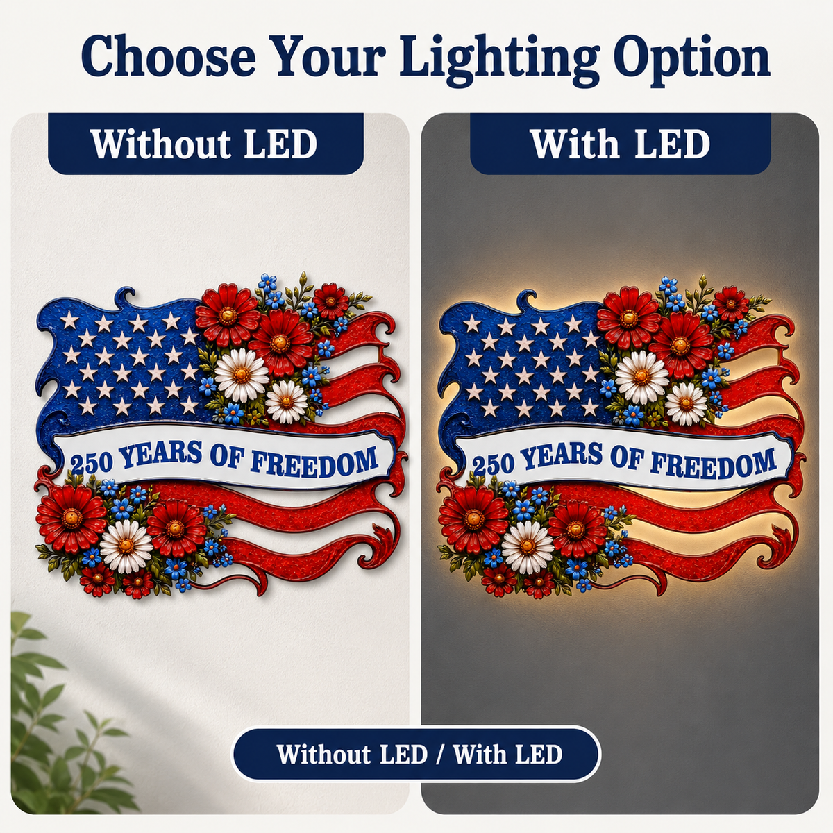 Metal American Flag Sign, Personalized Patriotic Wall Decor, Custom 250 Years of Freedom Gift, Optional LED — Main 10