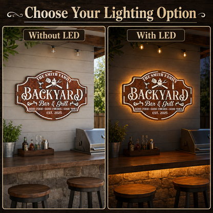 Personalized Backyard Bar & Grill Metal Sign, Custom Family Name Wall Decor, Rustic Patio BBQ Sign with Optional LED — Main 10