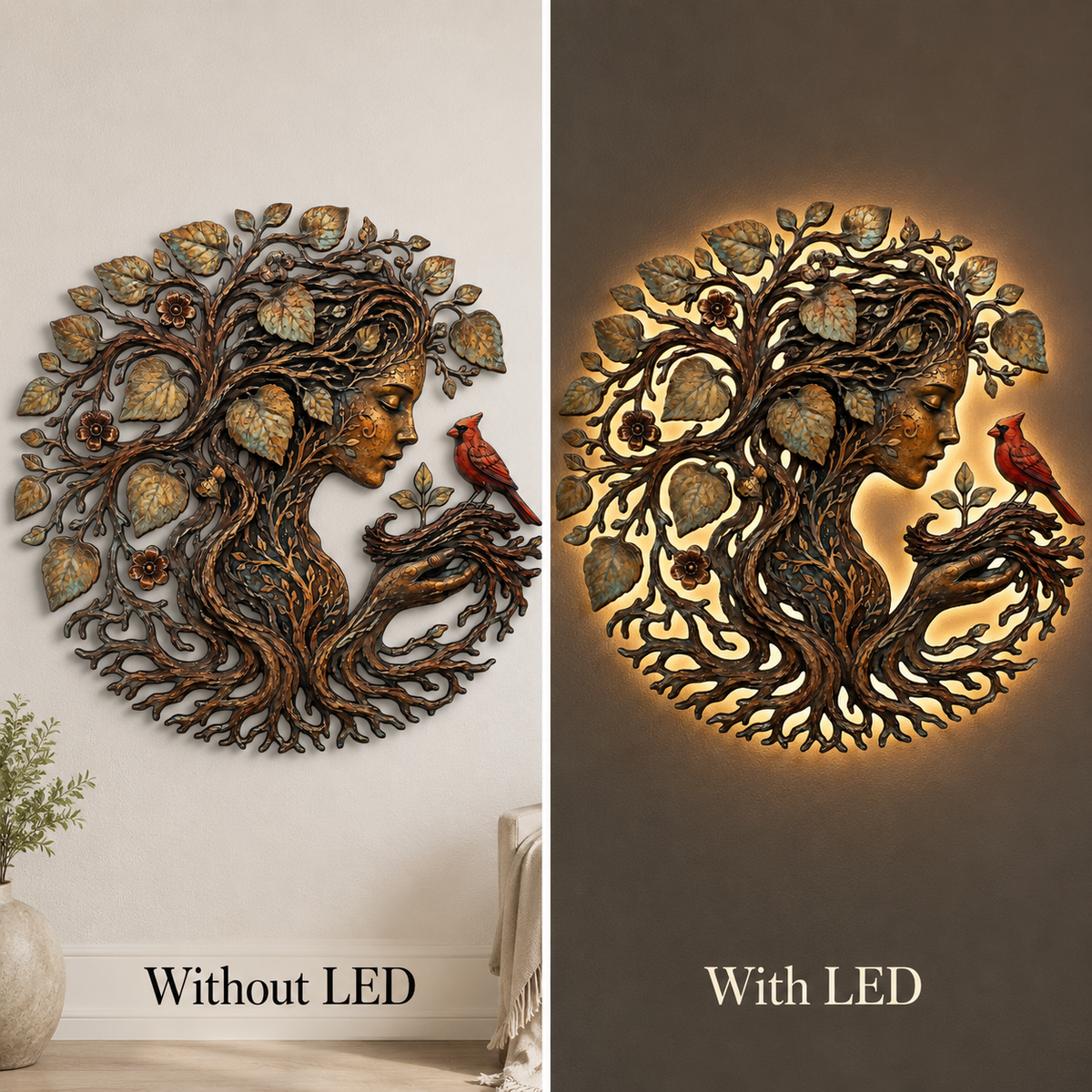 Mother Earth Metal Wall Art, Tree of Life Goddess Decor, Cardinal Bird Botanical Wall Decor, Nature Lover Gift, With or Without LED — Main 11