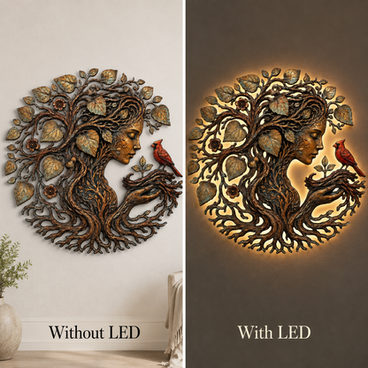 Mother Earth Metal Wall Art, Tree of Life Goddess Decor, Cardinal Bird Botanical Wall Decor, Nature Lover Gift, With or Without LED — Main 11