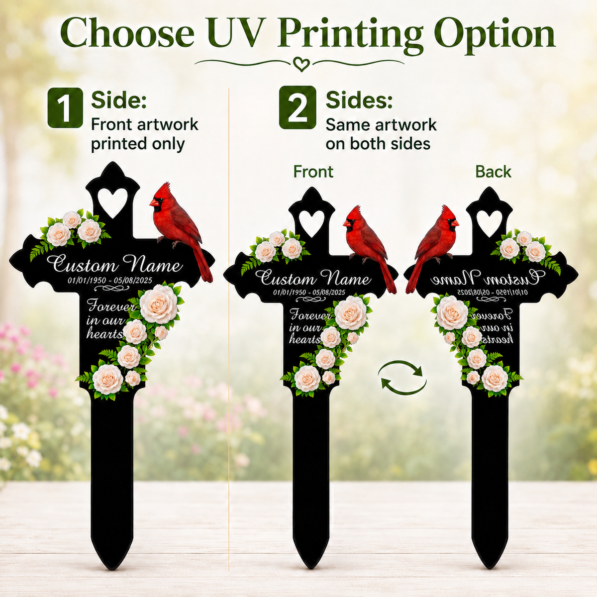 Memorial Gift Garden Stake, Personalized Cardinal Cross Metal Yard Sign, Sympathy Gift for Loss of Mom Dad Grandma, Custom Name Date — Main 11