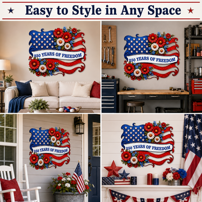 Metal American Flag Sign, Personalized Patriotic Wall Decor, Custom 250 Years of Freedom Gift, Optional LED — Main 11