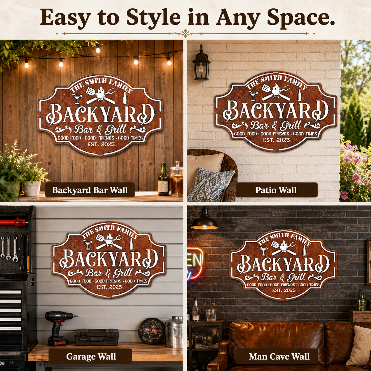 Personalized Backyard Bar & Grill Metal Sign, Custom Family Name Wall Decor, Rustic Patio BBQ Sign with Optional LED — Main 11