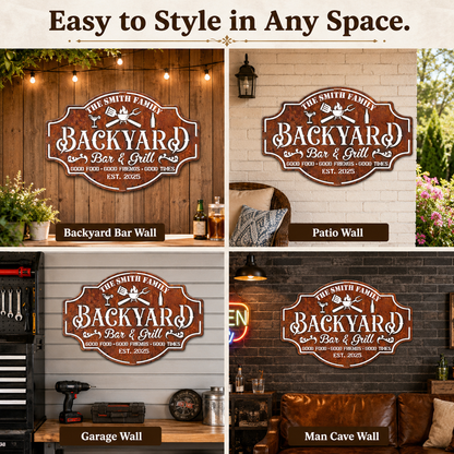 Personalized Backyard Bar & Grill Metal Sign, Custom Family Name Wall Decor, Rustic Patio BBQ Sign with Optional LED — Main 11