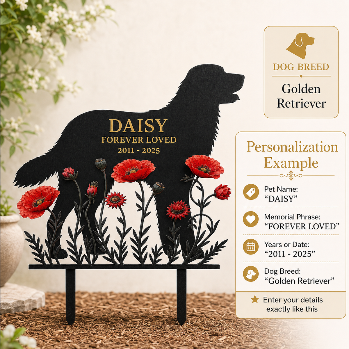Personalized Dog Grave Marker, Custom Metal Dog Memorial Garden Stake, Forever Loved Pet Memorial Sign — Main 12