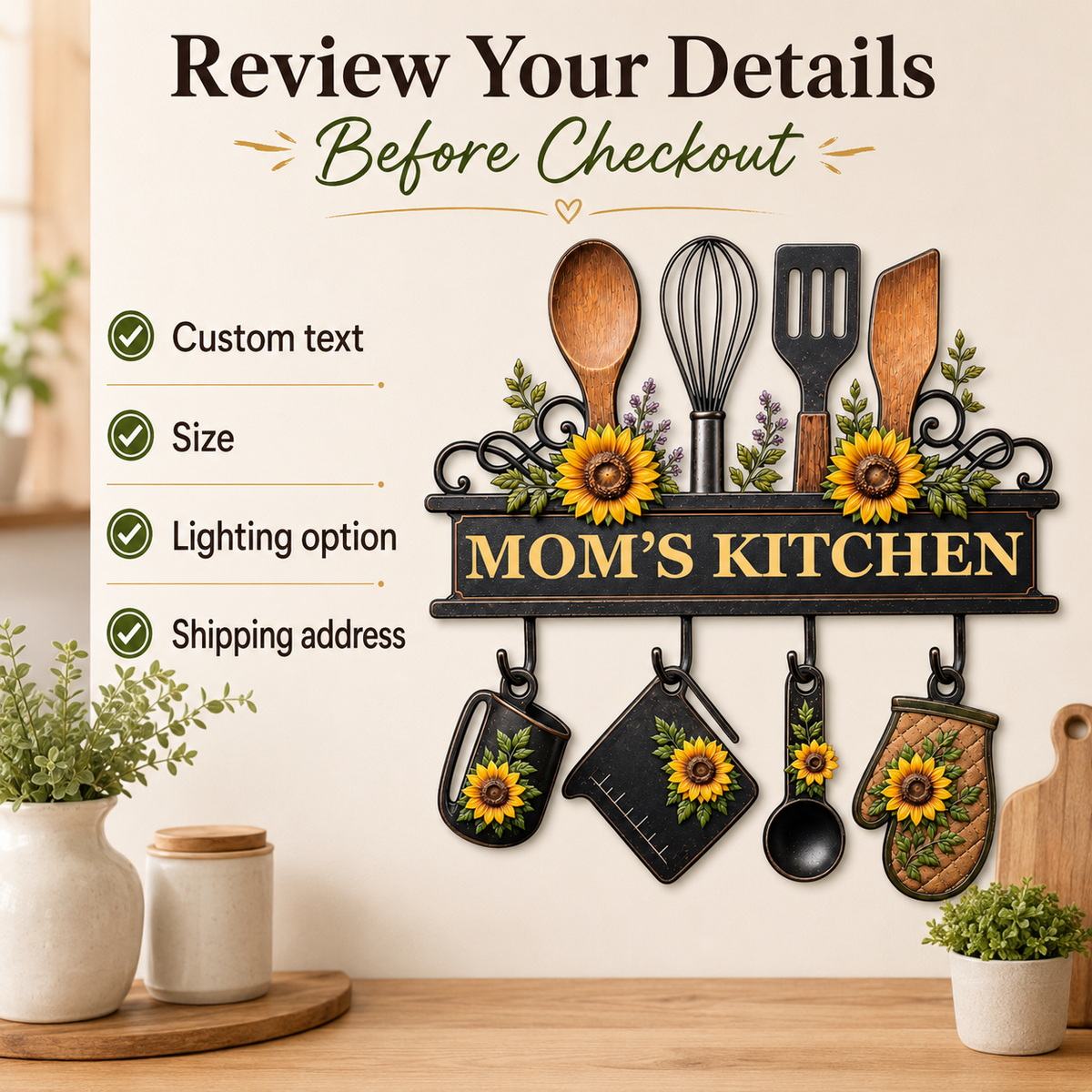 Personalized Mom’s Kitchen Metal Sign, Custom Kitchen Wall Decor, Sunflower Utensil Sign, Mother’s Day Gift with LED — Main 12
