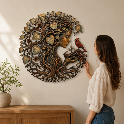 Mother Earth Metal Wall Art, Tree of Life Goddess Decor, Cardinal Bird Botanical Wall Decor, Nature Lover Gift, With or Without LED — Main 12