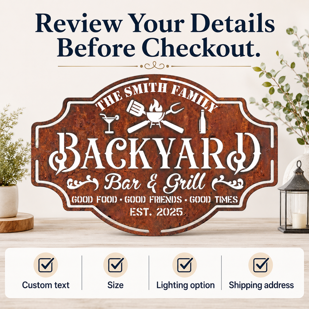 Personalized Backyard Bar & Grill Metal Sign, Custom Family Name Wall Decor, Rustic Patio BBQ Sign with Optional LED — Main 12
