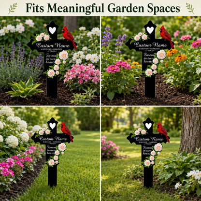 Memorial Gift Garden Stake, Personalized Cardinal Cross Metal Yard Sign, Sympathy Gift for Loss of Mom Dad Grandma, Custom Name Date — Main 12