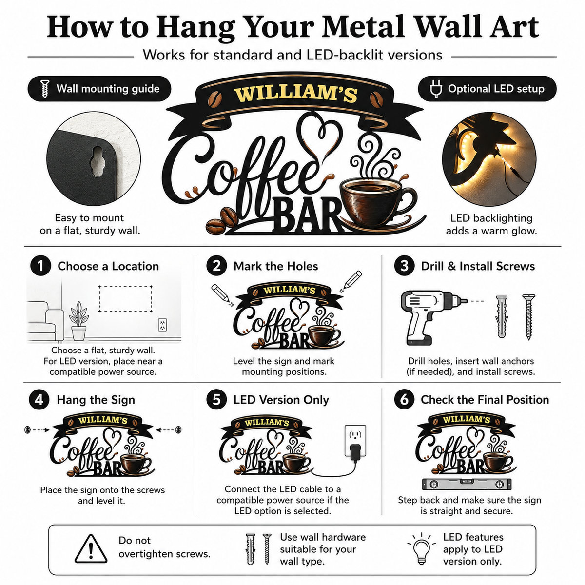 Coffee Metal Wall Art Decor Personalized Coffee Bar Sign Coffee Wall Art Kitchen Wall Decor Coffee Lover Gift Housewarming Gift With LED — Main 13 01