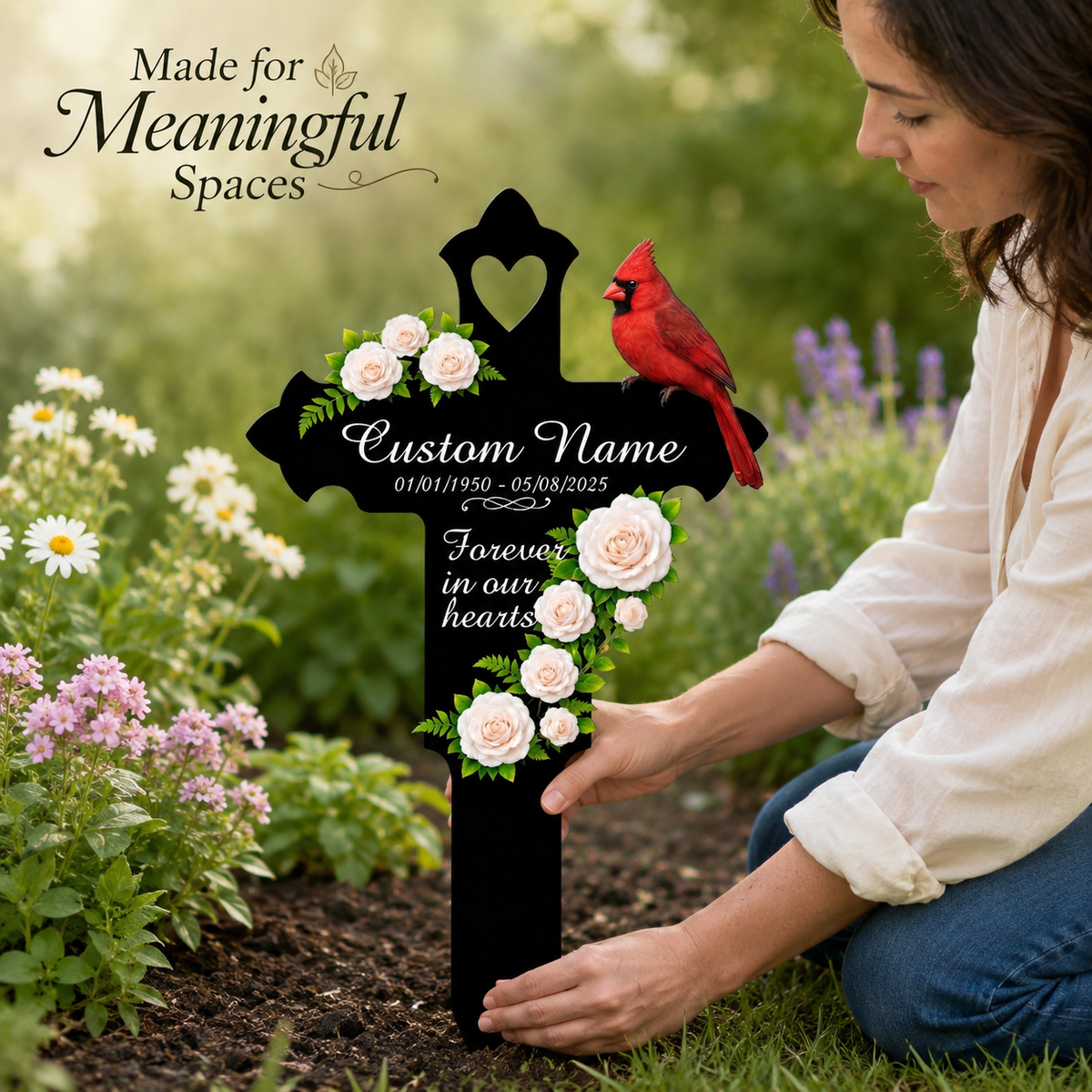 Memorial Gift Garden Stake, Personalized Cardinal Cross Metal Yard Sign, Sympathy Gift for Loss of Mom Dad Grandma, Custom Name Date — Main 13