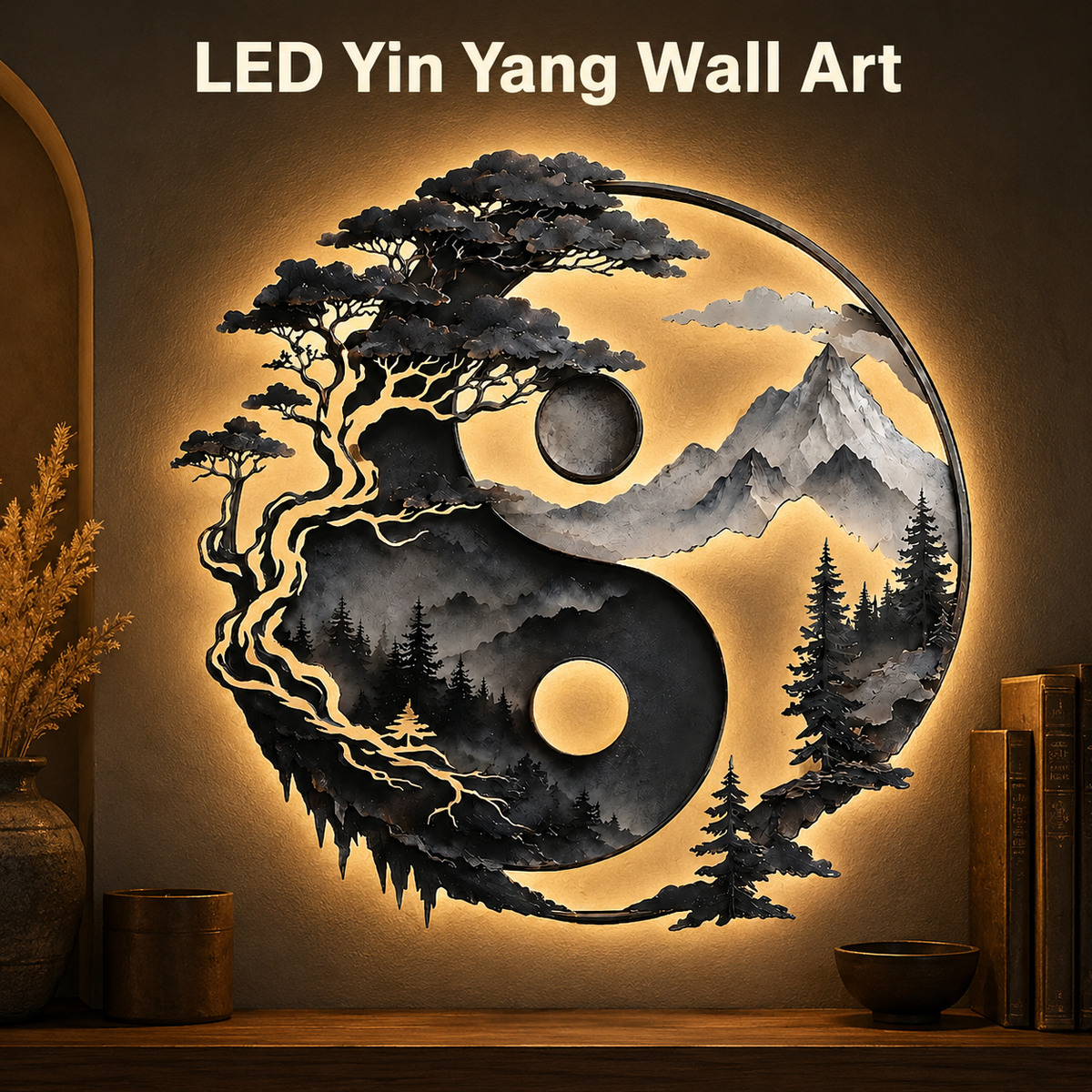 Yin Yang Metal Wall Decor, Mountain and Tree Wall Art, Zen Nature Wall Sign, Rustic Landscape Home Decor With LED — Main 13