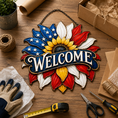 Main 13 - Welcome Metal Wall Art Sunflower Welcome Sign Patriotic Wall Decor