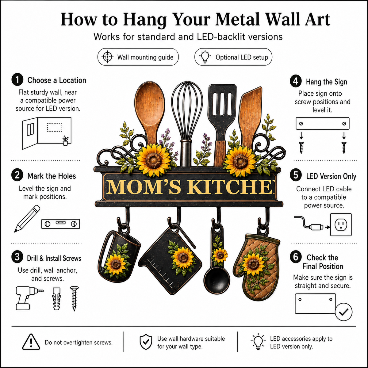 Personalized Mom’s Kitchen Metal Sign, Custom Kitchen Wall Decor, Sunflower Utensil Sign, Mother’s Day Gift with LED — Main 13