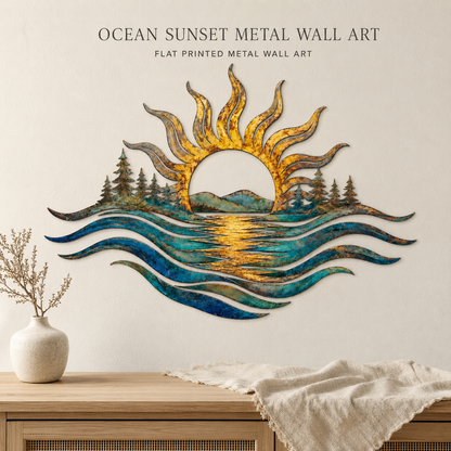 main 1 - Ocean Sunset Metal Wall Art Coastal Sun and Waves Decor