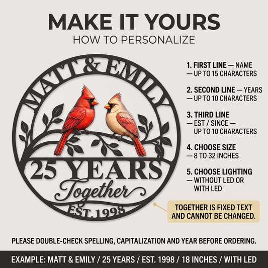 main 10 - Personalized Anniversary Gift Cardinal Couple Metal Wall Art Custom Together