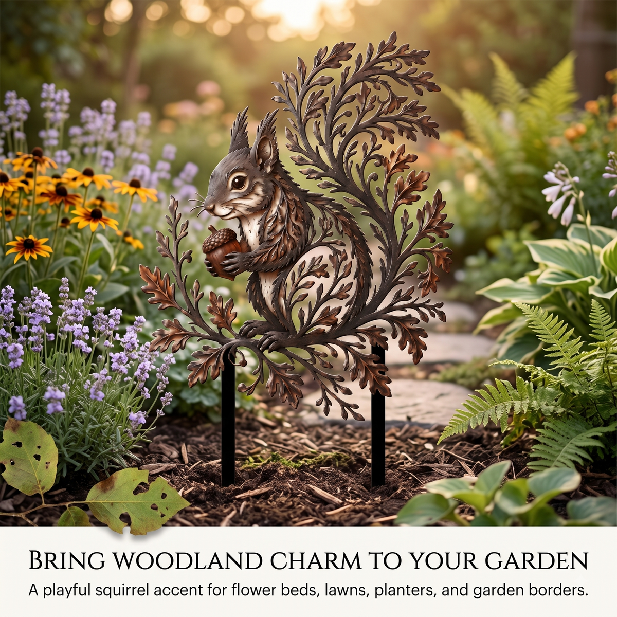 Squirrel Garden Stake Metal Yard Art Wildlife Garden Decor Botanical Outdoor Yard Art Squirrel Gift Flat Printed Metal Art — main 12