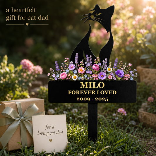Cat Memorial Garden Stake, Personalized Metal Pet Loss Gift for Cat Dad, Custom Floral Cat Remembrance Yard Decor — main 13