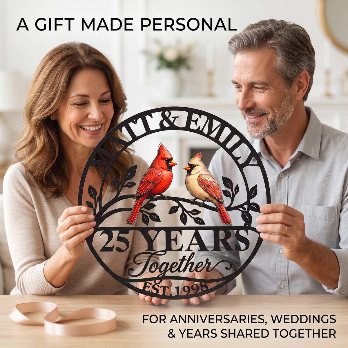 main 13 - Personalized Anniversary Gift Cardinal Couple Metal Wall Art Custom Together