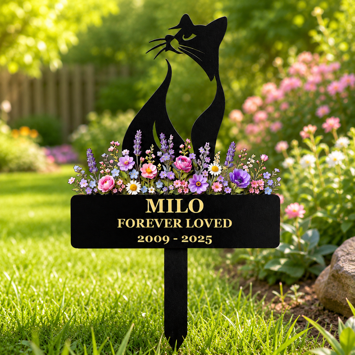 Cat Memorial Garden Stake, Personalized Metal Pet Loss Gift for Cat Dad, Custom Floral Cat Remembrance Yard Decor — main 14
