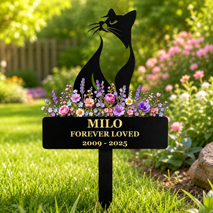 Cat Memorial Garden Stake, Personalized Metal Pet Loss Gift for Cat Dad, Custom Floral Cat Remembrance Yard Decor — main 14