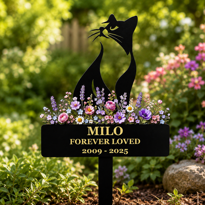 Cat Memorial Garden Stake, Personalized Metal Pet Loss Gift for Cat Dad, Custom Floral Cat Remembrance Yard Decor — main 15