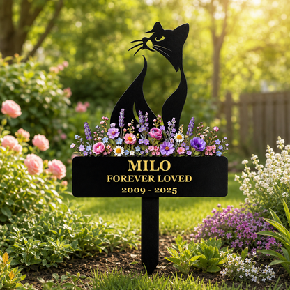 Cat Memorial Garden Stake, Personalized Metal Pet Loss Gift for Cat Dad, Custom Floral Cat Remembrance Yard Decor — main 16