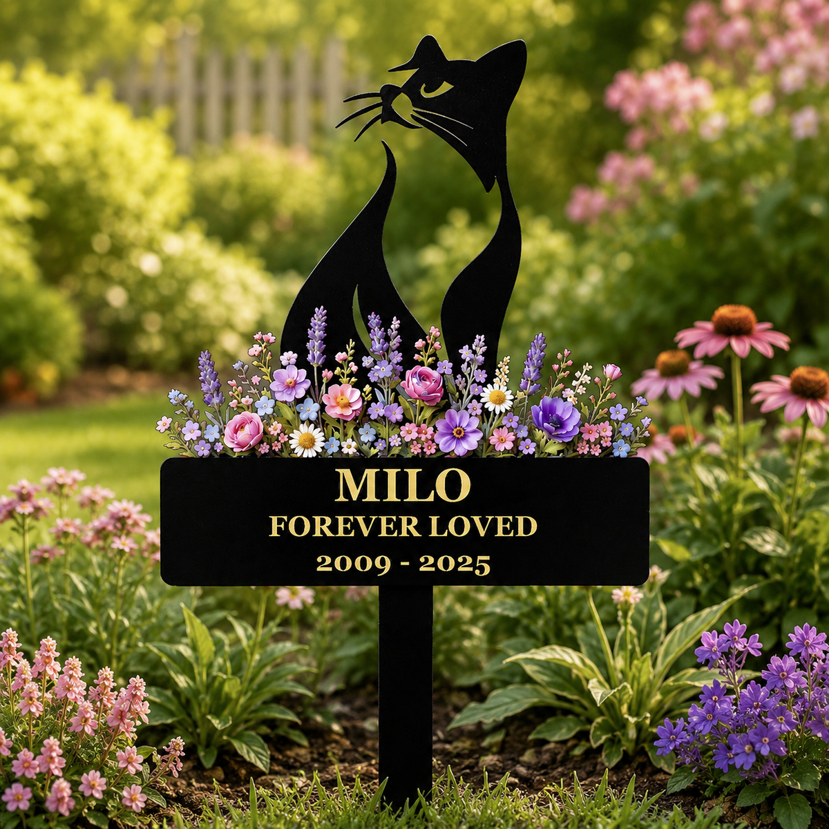 Cat Memorial Garden Stake, Personalized Metal Pet Loss Gift for Cat Dad, Custom Floral Cat Remembrance Yard Decor — main 17