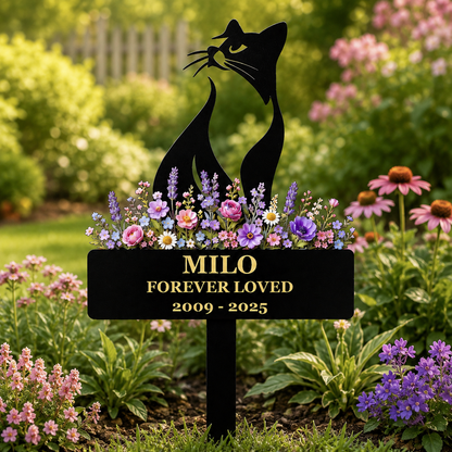 Cat Memorial Garden Stake, Personalized Metal Pet Loss Gift for Cat Dad, Custom Floral Cat Remembrance Yard Decor — main 17