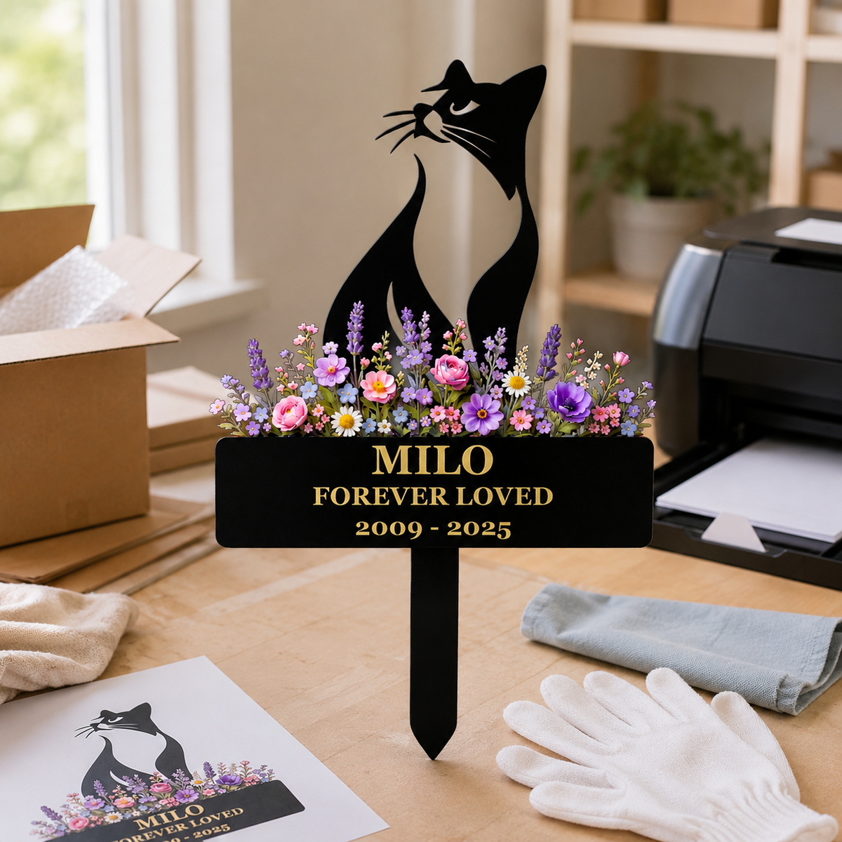 Cat Memorial Garden Stake, Personalized Metal Pet Loss Gift for Cat Dad, Custom Floral Cat Remembrance Yard Decor — main 19