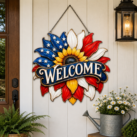 main 1 - Welcome Metal Wall Art Sunflower Welcome Sign Patriotic Wall Decor