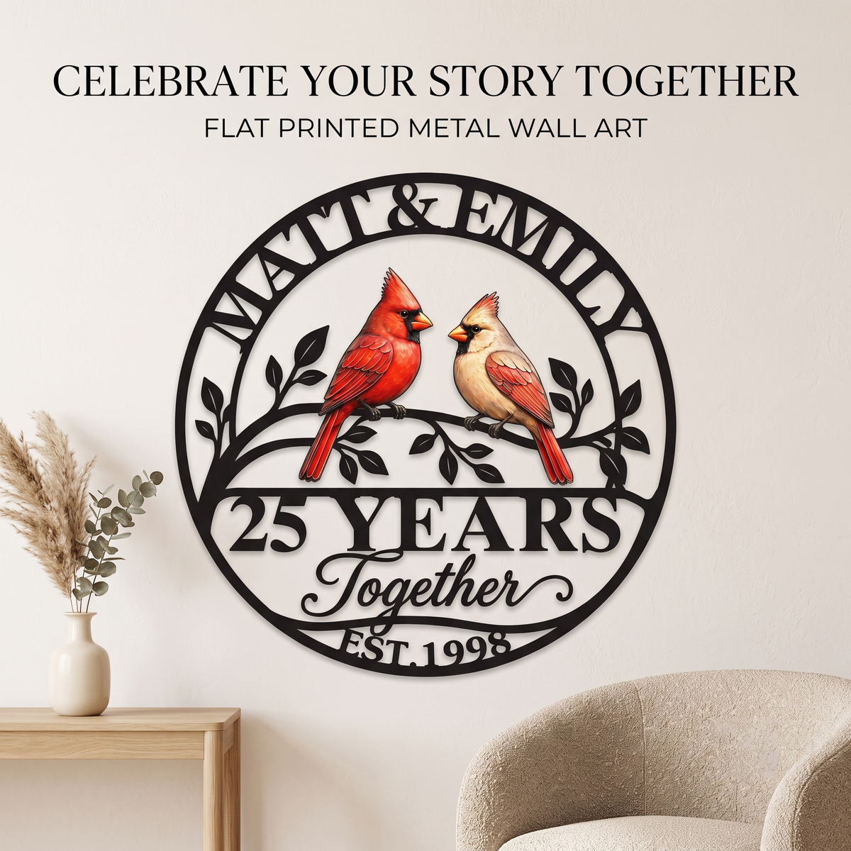 main 1 - Personalized Anniversary Gift Cardinal Couple Metal Wall Art Custom Together