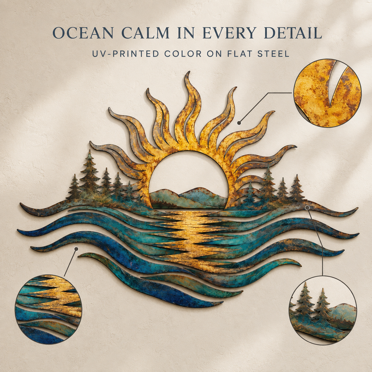 main 3 - Ocean Sunset Metal Wall Art Coastal Sun and Waves Decor